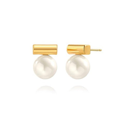 925 Sterling Silver Hoop Handpicked AAA+ Quality 7.5-8mm White Freshwater Cultured Pearl Dangle Drop Earrings Jewelry for Women - color: 8. Gold Plated Bar