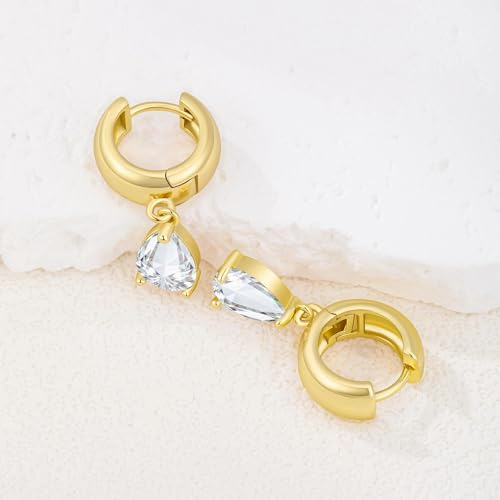 Chunky Gold Huggie Cz Dangle Earrings for Women | Hoop Huggies Dangly, Cubic Zirconia Drop Earring, Diamond Crystal Charm, Statement Dangling Earrings, Jewelry Gifts - color: Gold-Teardrop