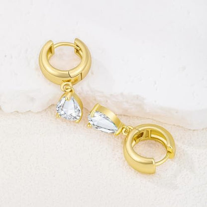 Chunky Gold Huggie Cz Dangle Earrings for Women | Hoop Huggies Dangly, Cubic Zirconia Drop Earring, Diamond Crystal Charm, Statement Dangling Earrings, Jewelry Gifts - color: Gold-Teardrop