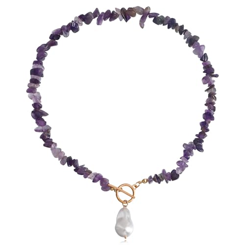 Bohemian Stone Pearl Choker Necklace for Women Dainty Natural Irregular Stone Choker Turquoise Beaded Lariat Necklace Simple Fashion OT Toggle Spiritual Handmade Jewelry - color: Purple