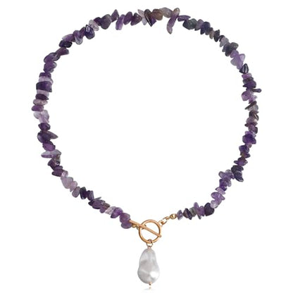 Bohemian Stone Pearl Choker Necklace for Women Dainty Natural Irregular Stone Choker Turquoise Beaded Lariat Necklace Simple Fashion OT Toggle Spiritual Handmade Jewelry - color: Purple