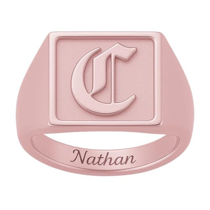 Custom Old English Initial Signet Ring for Men Women Personalized Square Pinky Ring with Inside Engraving - color: Rose Gold