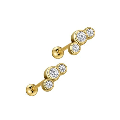 14K Gold Plated Nap Earrings Sterling Silver Ball Bar Bezel Setting CZ Stones Screw Back Hypoallergenic Earrings Everyday Cartilage Helix Parisian Minimalist Piercing Earrings For Women Unisex - color: Triple Lights - YG