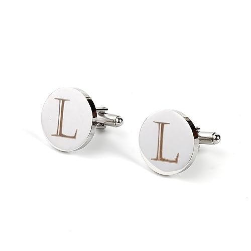 Mens Initial Silver Cufflinks A-Z Alphabet Letter Steel Cuff Links with Engraved Walnut Wood Box Groom Groomsman Wedding Set… - style: L