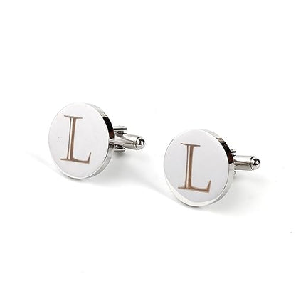 Mens Initial Silver Cufflinks A-Z Alphabet Letter Steel Cuff Links with Engraved Walnut Wood Box Groom Groomsman Wedding Set… - style: L