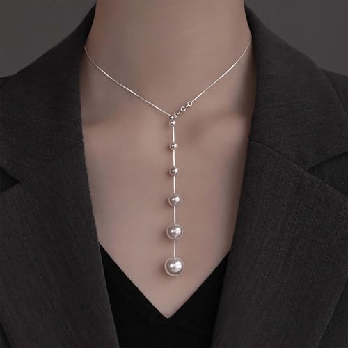 Vintage Pearl Y Lariat Necklace Minimal Pearl Pendent Necklace Silver Snake Chain Necklaces Long Pearls Drop Necklaces Round Beads Choker Wedding Bridal Jewelry for Women