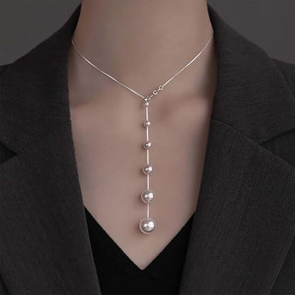 Vintage Pearl Y Lariat Necklace Minimal Pearl Pendent Necklace Silver Snake Chain Necklaces Long Pearls Drop Necklaces Round Beads Choker Wedding Bridal Jewelry for Women