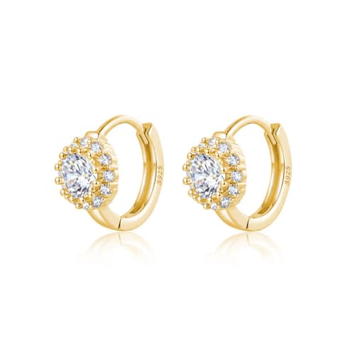 Reffeer Solid 925 Sterling Silver Halo Hoop Earrings for Women Teens Simulated Diamond Huggie Earrings Sparkly Cubic Zirconia Earrings Hoop - color: B-18K Gold Plated