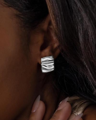 Gold Chunky Earrings for Women Trendy, 14K Gold Plated Dainty Kont Earrings Statement Minimalist Hypoallergenic Stud Earrings - color: Aimran & Silver