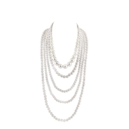 Multilayer Strand Chain Faux Pearls Flapper Beads Cluster Long Choker Necklace - color: White