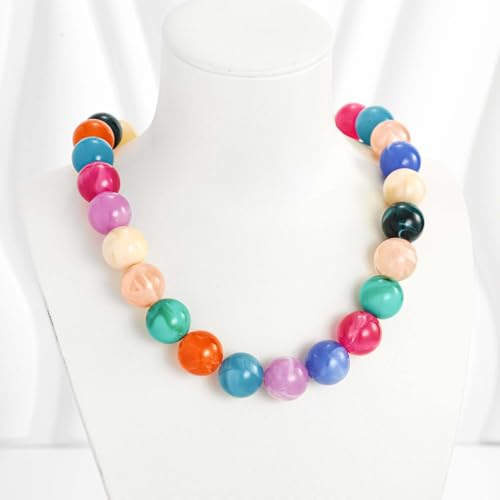 Chunky Beaded Necklace for Women Boho Statement Bead Necklace | Adjustable, Lightweight Choker, Round/Oval/Pebble Beads, Trendy Summer Beach Jewelry - color: Colorful