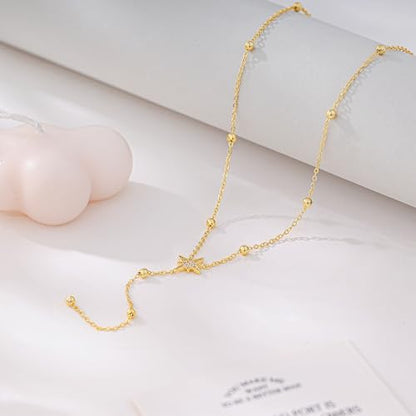 Gold Necklace for Women - Dainty Long Lariat Necklace 14K Gold Plated Clover Star Teardrop CZ Y Shaped Drop Necklaces Cute Long Necklaces for Women Trendy Prom Formal Womens Jewelry - color: Gold-Star Drop
