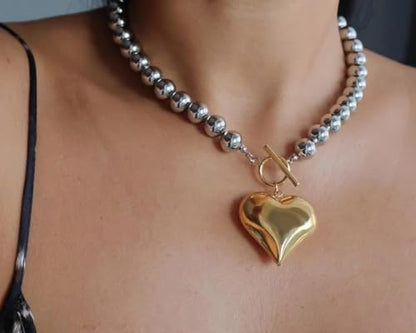 NUZON Sunburst Heart / 2-Tone Interlocking/CZ Evil Eye/Single Pearl/Love Heart Pendant Necklace for Women 14K Gold Chain Necklace Chunky Statement Jewelry - color: 2-Tone Heart