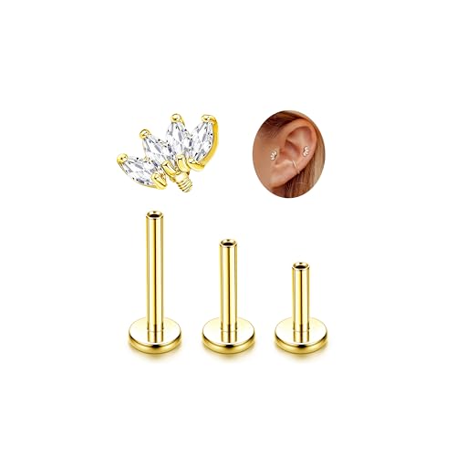 LOLIAS 16G G23 Titanium Tragus Conch Helix Piercing Jewelry 6mm 8mm 10mm - Internally Threaded Flat Back Stud Cartilage Earrings Hypoallergenic Forward Earlobe Labret Tragus Piercing Jewelry - color: 4 Leaf-14K Gold