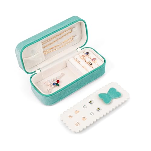 BONNY DODO Small Travel Jewelry Box Organizer for Women with Plush Velvet | Portable Mini Jewelry Case, Compact Storage Holder for Earrings Rings Necklaces Bracelets, Small Travel Jewelry Gift Box - color: Water Green, size: 6.2*2.6