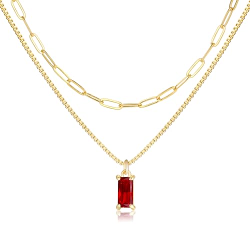 Dainty Gold Charm Necklaces for Women Non Tarnish, 14K Trendy Blue Green Cubic Zirconia Emerald Pendant Birthstone Necklaces Birthday Gifts for Women Waterproof Jewelry - color: 01-January(Garnet)