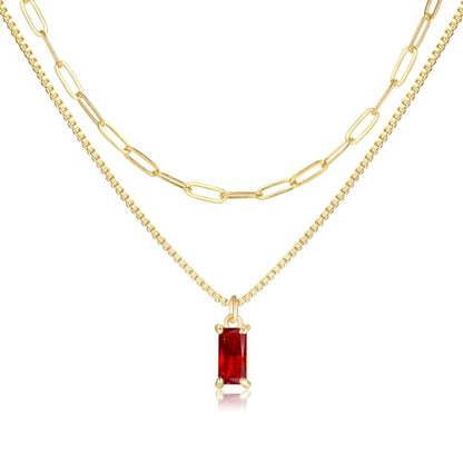 Dainty Gold Charm Necklaces for Women Non Tarnish, 14K Trendy Blue Green Cubic Zirconia Emerald Pendant Birthstone Necklaces Birthday Gifts for Women Waterproof Jewelry - color: 01-January(Garnet)