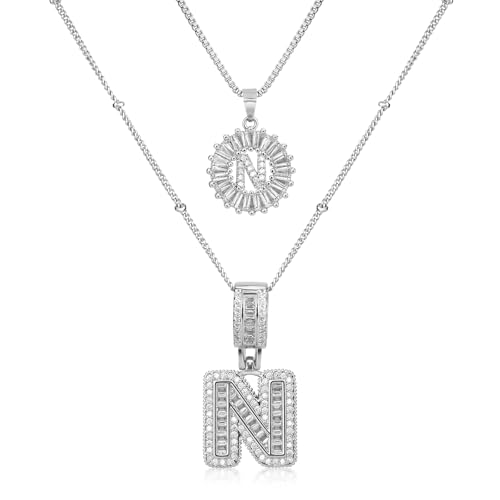 14K Gold Plated Alphabet Necklace Cubic Zirconia Letter Pendant, Personalized Name Jewelry Gift for Women, Customizable A-Z, Birthday/Mothers Day Gifts for Womens - color: White Gold, style: Style-N