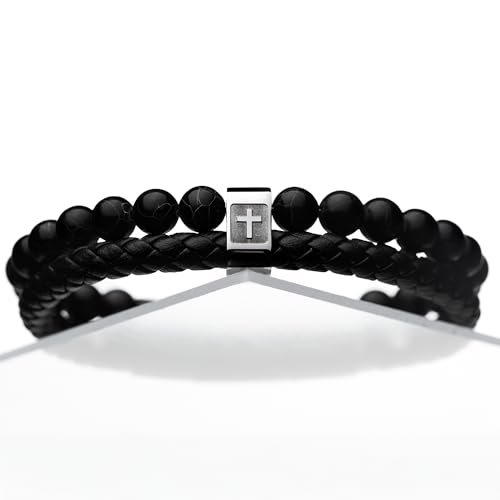Cross Bracelet for Men - Genuine Leather Religious Bracelets | Stylish Christian Bracelet for Men - Perfect Faith Accessory | Mens Cross Bracelet - Christian Jewelry - style: Midnight