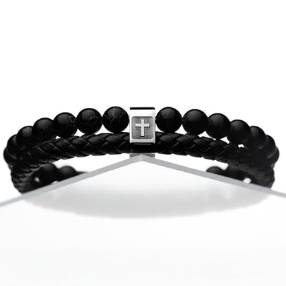 Cross Bracelet for Men - Genuine Leather Religious Bracelets | Stylish Christian Bracelet for Men - Perfect Faith Accessory | Mens Cross Bracelet - Christian Jewelry - style: Midnight