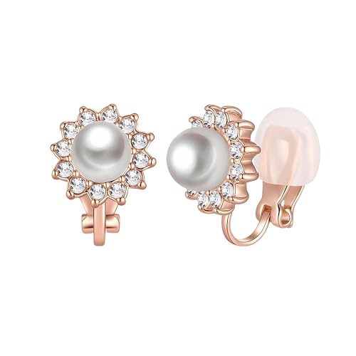 Pearl Clip On Earrings for Women, Austrian Crystal Halo | 14K Gold-Plated Finish, Comfortable Clip-On Fit, Non-Pierced Earrings, Soft Silicone Pads Included, Gift Box Included - color: White Pearl /Gold-Tone