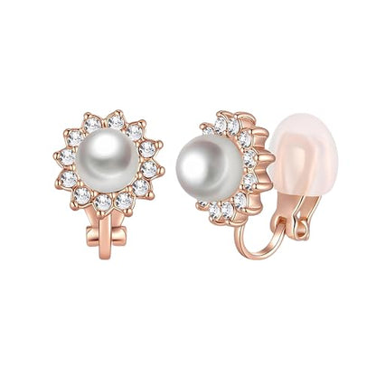 Pearl Clip On Earrings for Women, Austrian Crystal Halo | 14K Gold-Plated Finish, Comfortable Clip-On Fit, Non-Pierced Earrings, Soft Silicone Pads Included, Gift Box Included - color: White Pearl /Gold-Tone