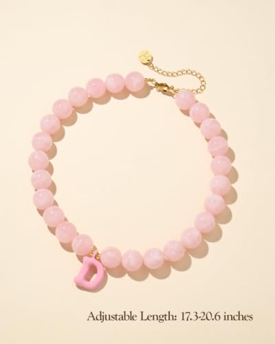 DoDoBeads Chunky Colorful Beaded Initial Necklace, Bubble Letter Choker | Gift box and dust pouch included; waterproof and sweat-resistant with real gold plated stainless steel hardware - color: Pink-D