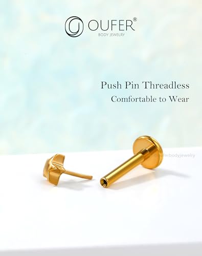 OUFER G23 Titanium Threadless Labret Studs – Flat Back Push Pin Earrings for Tragus, Helix, Monroe, Conch, Lip Piercing – 16G/18G, 6MM/8MM - color: Gold-5Star, size: 16g 10mm