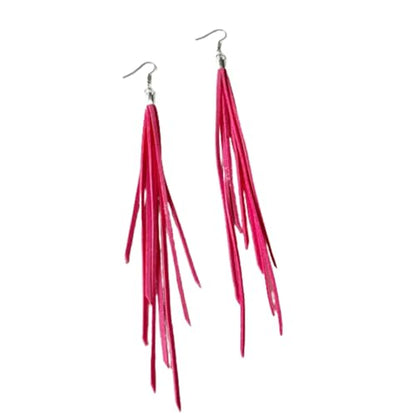 Leather Tassel Earrings Bohemian Tassel Fringe Dangle Earrings Boho Handmade Leather Feather Long Tassel Earrings Western Jewelry for Women - color: Hot Pink