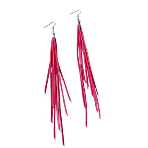 Leather Tassel Earrings Bohemian Tassel Fringe Dangle Earrings Boho Handmade Leather Feather Long Tassel Earrings Western Jewelry for Women - color: Hot Pink
