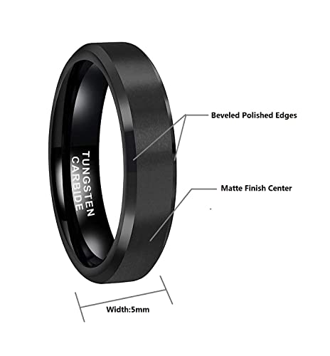 CROWNAL 3mm 5mm 7mm 9mm Tungsten Rings for Men Women Black/Silver/Gunmetal/Gold Beveled Polished Edges Matte Finish Comfort Fit 4-17 - color: Black 5mm