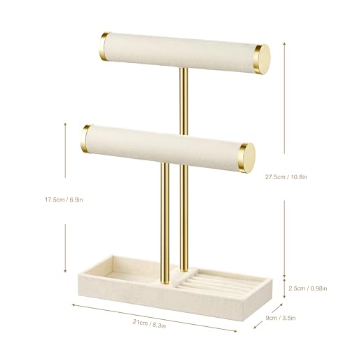 bussdis 2 Tier Bracelet Holder Display, Necklace Holder Organizer, Beige | Velvet Necklace Holder | Jewelry Tree | Jewelry Towers | Jewelry Stand Organizer for Necklaces, Bracelets, Earrings, Rings - color: Beige