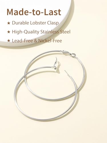 FindChic Thin Hoop Earrings for Women,Silver/Black/Gold Plated 20-100mm - color: Silver, size: 70mm