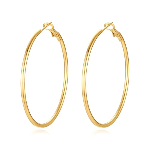 4 Pairs Silver Gold Hoop Earrings for Women | 14K Gold Plated Hoop Earrings Set Hypoallergenic Earring Lightweight Dangle Earrings Set - color: 1 Pair Gold-60mm