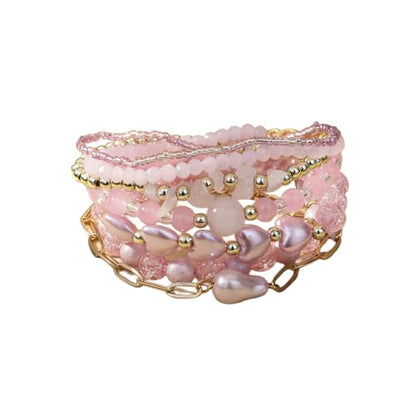 7PCS Boho Bohemia Multilayer Beaded Bracelet Set Stackable Crystal Bead Bracelets Heart Pearl Charms Multicolor Bohemian Stretch Bracelets for Women Summer Beach Jewelry Gifts - color: Pink