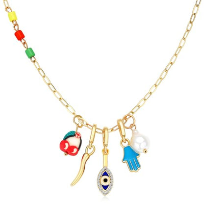 Charm Necklace for Women Gold Evil Eye Sun Moon Flower Coin Pendant Necklace Dainty Paperclip Chain Vintage Luck Amulet Choker Necklaces Celestial Jewelry Gift - style: 5 Charms-Blue Eye