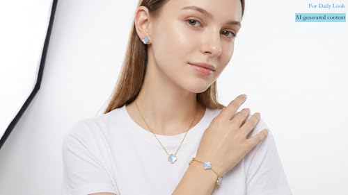 Clover Necklace and Bracelet Set + Four Leaf Clover Earrings, 18K Gold Plated Dainty Jewelry Gift for Women (Pearl White/Ocean Blue/Sweet Lilac) - color: Ocean Blue