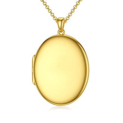 SOULMEET 10K 14K 18K Solid White Gold/Silver Minimalist Style/Infinity Sunflower Heart/Oval Locket Necklace That Holds 1 or 2 Pictures Personalized Photo Locket Necklace Letters Engraving - style: E1-Gold oval locket only