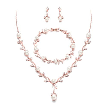 EVER FAITH Cubic Zirconia Pearl Leaf Bridal Jewelry Set for Bride Women | White Wedding Prom Necklace Dangle Earrings Bracelet, for Bridesmaid - color: Pearl_Rose Gold-Plated-Brass