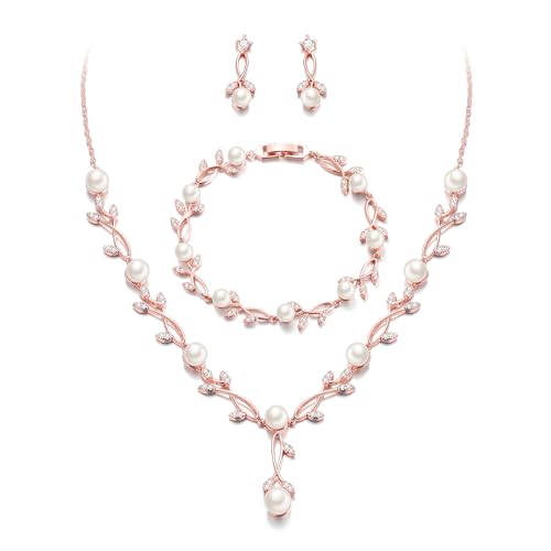 EVER FAITH Cubic Zirconia Pearl Leaf Bridal Jewelry Set for Bride Women | White Wedding Prom Necklace Dangle Earrings Bracelet, for Bridesmaid - color: Pearl_Rose Gold-Plated-Brass