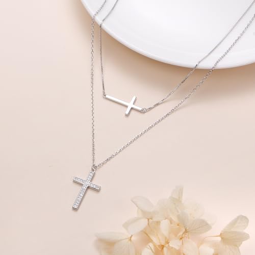 Yearace Choker Necklaces for Women S925 Sterling Silver Sideways Cross/Butterfly/Handcuffs/Infinity Interlocking/Chakra Choker Necklace Dainty Sideways Cross Necklace Jewelry Gift - style: Layered Cubic Zirconia Cross 18+16+2''