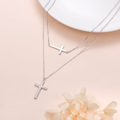 Yearace Choker Necklaces for Women S925 Sterling Silver Sideways Cross/Butterfly/Handcuffs/Infinity Interlocking/Chakra Choker Necklace Dainty Sideways Cross Necklace Jewelry Gift - style: Layered Cubic Zirconia Cross 18+16+2''