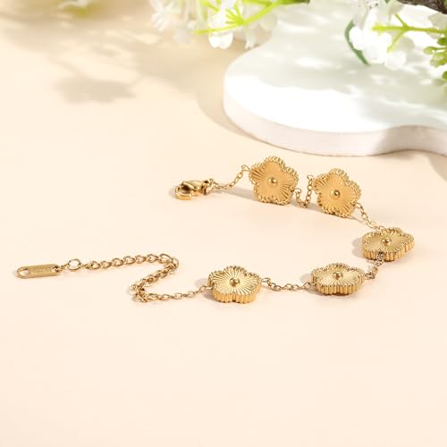 TICVSS Four Leaf Clover Bracelet for Women 18K Gold Plated Stainless Steel Lucky 4 Leaf Gold Link Bracelet Jewelry Gift for Women - color: Gold