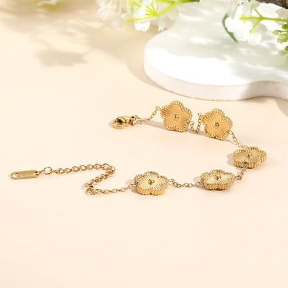 TICVSS Four Leaf Clover Bracelet for Women 18K Gold Plated Stainless Steel Lucky 4 Leaf Gold Link Bracelet Jewelry Gift for Women - color: Gold+Silver