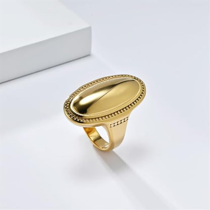 HIJONES Women's Stainless Steel Oval Checker Groove Rugby Ball Groove Dome Signet Ring Wedding Jewellery - color: Gold