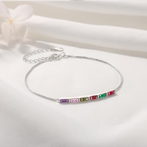 Sterling Silver Personalized 1-6 Birthstone Bracelet for Women Mothers Day Bracelet for Mom Daughter Custom Dainty Jewelry for Christmas Birthday Gift Ideas - style: Silver-6 stones