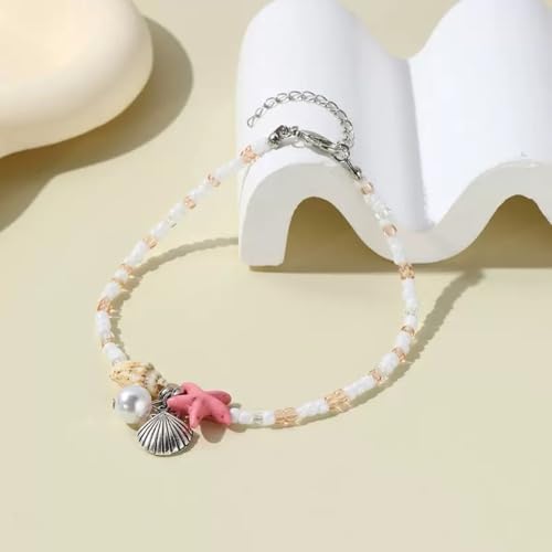Beach Puka Shell Anklet for Women Waterproof Beaded Ankle Bracelets Adjustable Starfish Seashell Pearl Foot Chain Boho Jewerly Present for Summer Beach Party - color: fense