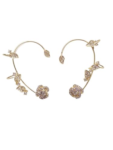 2PCS Flower Tassel Zircon Earrings Ear Cuffs No Piercing Flower Climber Wrap Around Earrings Pearl Drop Earrings for Women Fairy Ear Clip Dainty Wedding Earrings for Brides - color: Style 1 - Gold