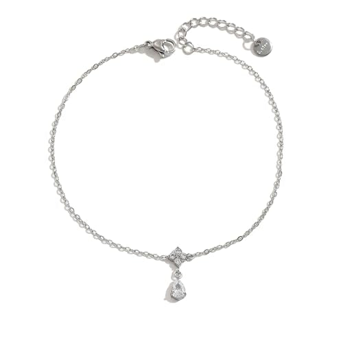 Gold Anklets for Women 18K Gold Plated CZ Ankle Bracelet Dainty Droplet Bar Tennis Ankle Trendy Summer Waterproof Beach Foot Chain Jewelry - color: Flower Charm-White Gold