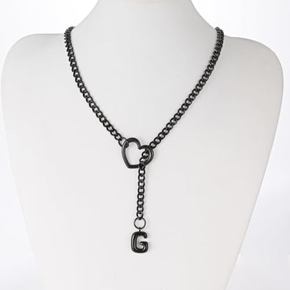 sroyte Black Heart Slip Chain Initial Necklaces for Women,Stainless Steel O-Ring Adjustable Lariat Heart Y-Necklace,Punk Gothic Cuban Collar Choker Necklace for women - color: Black G
